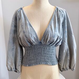 Free People Light Wash Denim V-Neck Smocked Crop Top